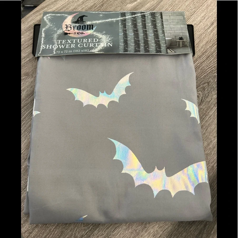 Textured Gray Shower Curtain with Iridescent Bat Design